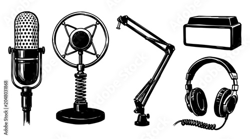 Vintage and modern podcasting equipment including microphones headphones and boom arm illustration