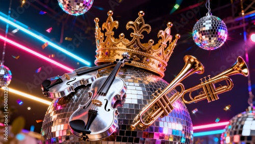 Disco ball with crown and musical instruments