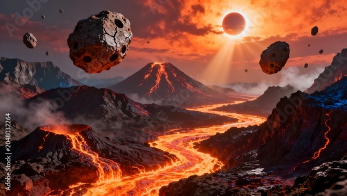 Volcanic landscape with floating rocks