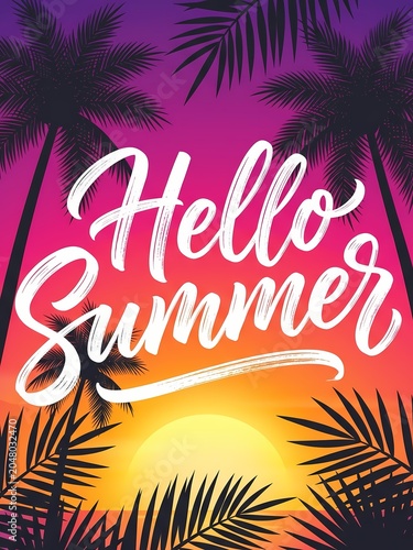 Vibrant Tropical Sunset with Palm Tree Silhouettes and Hello Summer Lettering