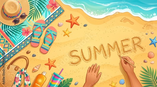 Overhead view of a perfect Summer beach vacation with hands writing on the sand, surrounded by sunny holiday accessories