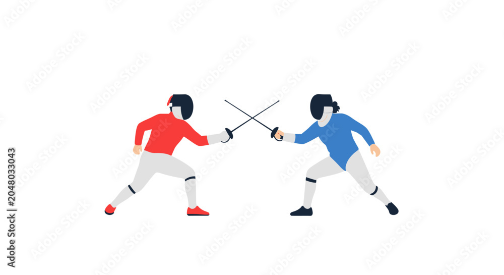 Fototapeta premium Fencing duel, two athletes in protective gear with swords clashing