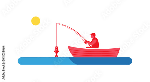 Valokuva Fisherman catches fish from boat on sunny day