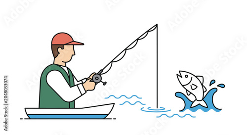 Tableau sur toile Fisherman in boat catches jumping fish with fishing rod, flat design