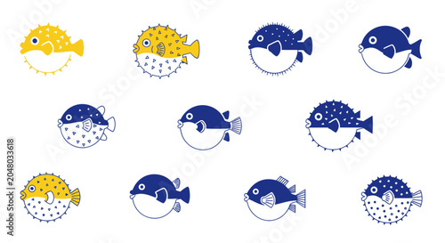 Photos set of blue and yellow pufferfish illustrations