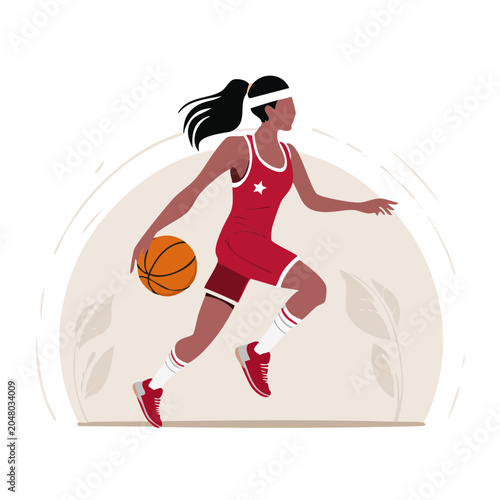 Woman playing basketball in flat design style