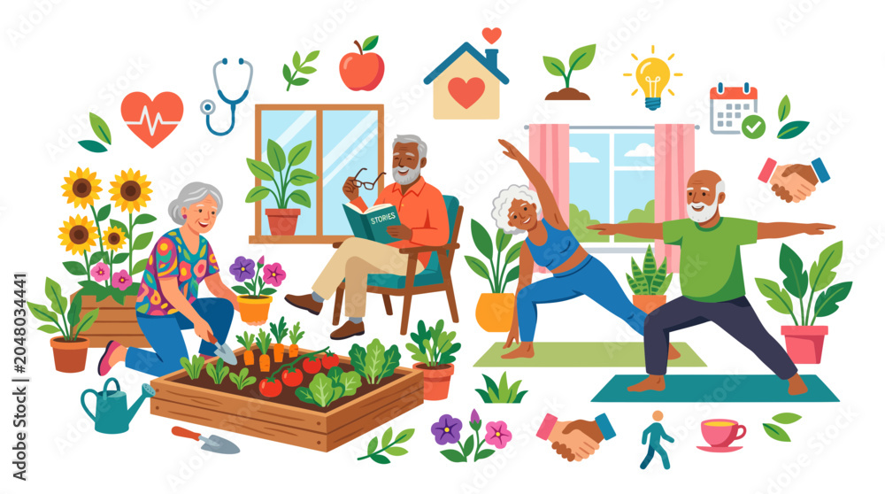 Fototapeta premium Active elderly couple gardening practicing yoga and enjoying retirement lifestyle illustration.