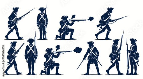 Blue silhouettes of colonial era soldiers in various combat poses.