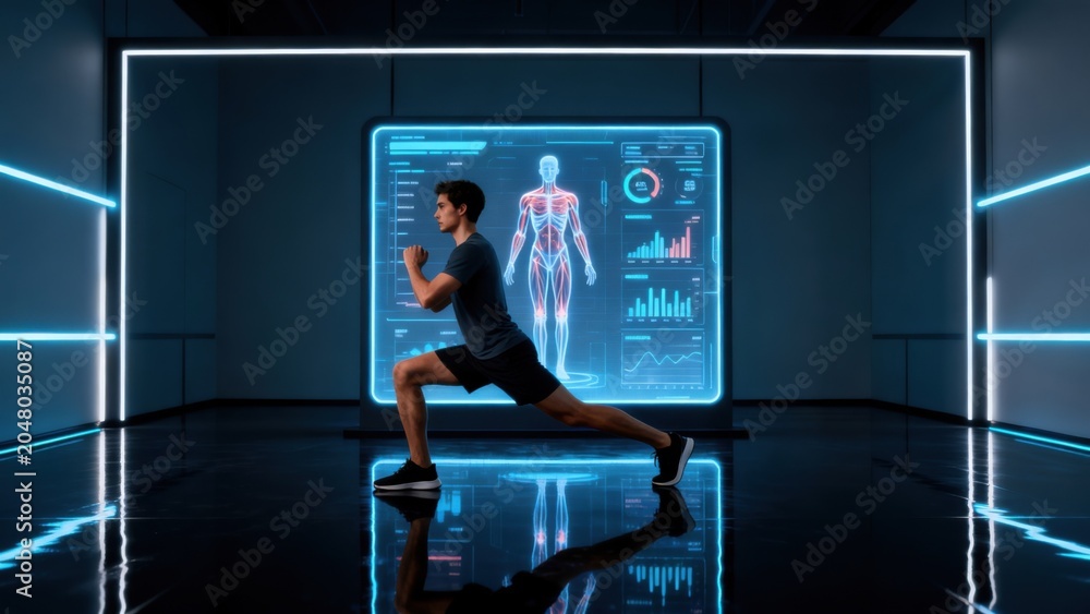 Fototapeta premium Man doing lunge exercise in futuristic room