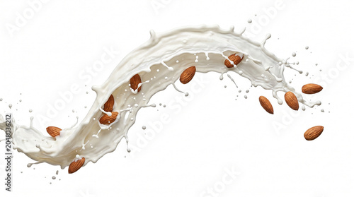 Arc of almond milk splash with nuts on white background.
