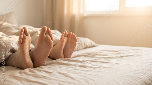 Close up of couples bare feet sticking out from under blanket in cozy bed