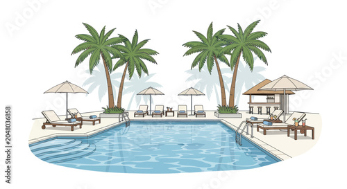 Fotografía resort pool with palm trees and sun loungers