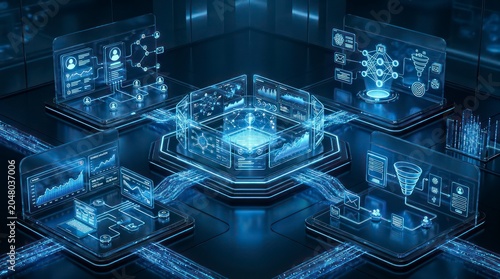 Ultra realistic close-up visualization of an integrated business automation platform, central dashboard