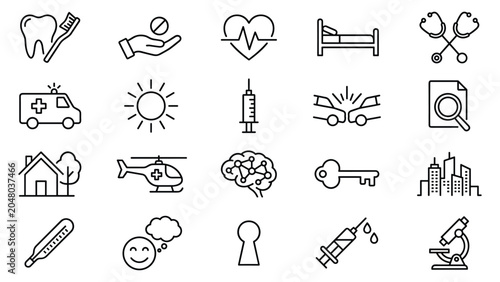 Cuadro en lienzo Set of medical and healthcare icons featuring diagnostic equipment and emergency vehicles