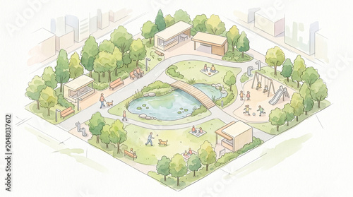 Isometric watercolor illustration of a modern urban public park