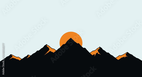Minimalist mountain silhouette with orange sun against light sky.