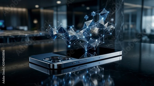 Close-up of a luxury smartphone resting on a dark reflective surface, elegant AI-generated financial insights