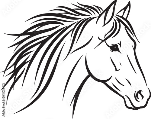 A running wild stallion is captured in a black horse head silhouette and elegant vector outline drawing, perfect for a nature farm animal mascot or equestrian art design