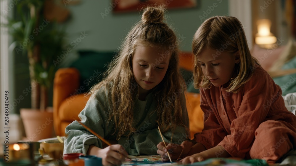 Fototapeta premium Two young girls engrossed in painting together on the floor indoors