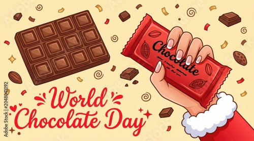 Celebrating world chocolate day with a hand holding a red chocolate bar and a chocolate square on a festive background