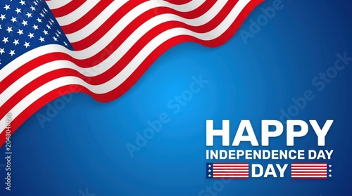 American flag waving on blue background with happy independence day text