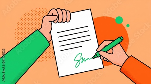 Close up of hands signing a document with a green pen representing agreement or contract signing in a modern colorful flat illustration style with orange