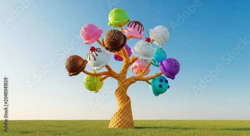 A whimsical fantasy tree with a waffle cone trunk and branches adorned with colorful ice cream scoops growing in a sunny outdoor landscape, snack, conceptual, scoops