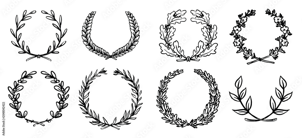 Fototapeta premium Laurel wreath and oak tree branches. Cute elements for wedding designs summer and autumn feel. For banners and logo