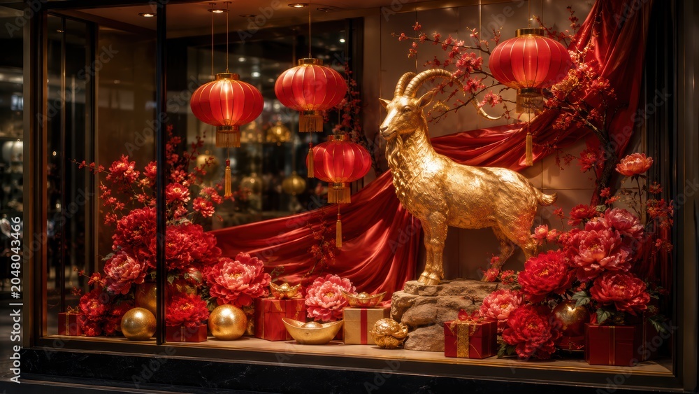 Obraz premium golden goat statue in luxury shop window with red lanterns, silk drapery, flowers and gift boxes, concept of lunar new year, asian culture, retail and hospitality decor