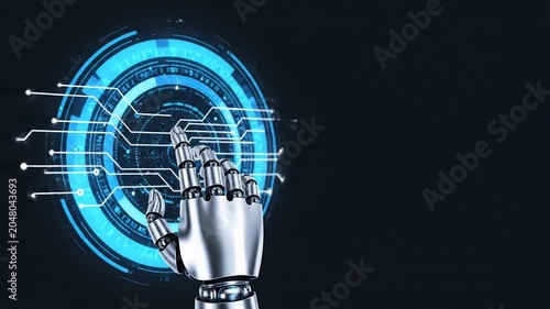 Robotic silver hand touching virtual digital interface hud hologram system background, advanced technology concept copy space
