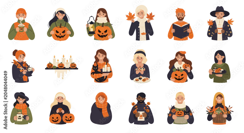 Fototapeta premium Flat Art Halloween Characters with Pumpkins and Treats, Autumn Holiday Vector Illustrations