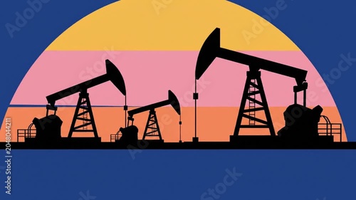 Silhouettes of multiple industrial oil pump jacks operating against a retro sunset sky backdrop, petroleum concept copy space