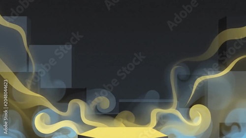 Bright yellow light beam shining down directly into a dark geometric box frame design, mystery abstract concept