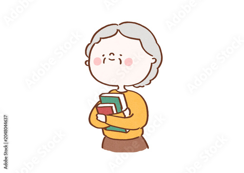 Photos Elderly woman holding two thick books with a hopeful expression, lifelong learni