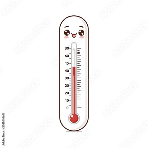 Cute cartoon thermometer with smiling face and temperature scale.