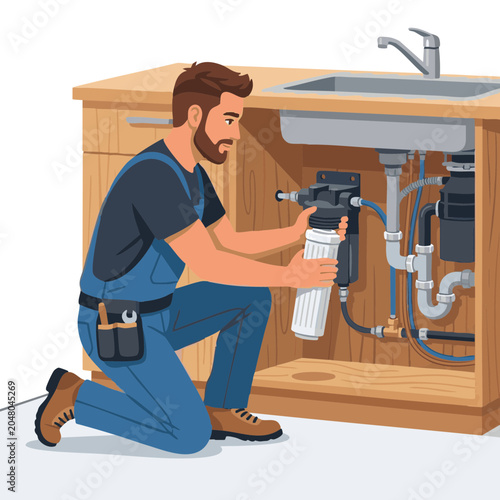 Plumber installing water filter cartridge under kitchen sink