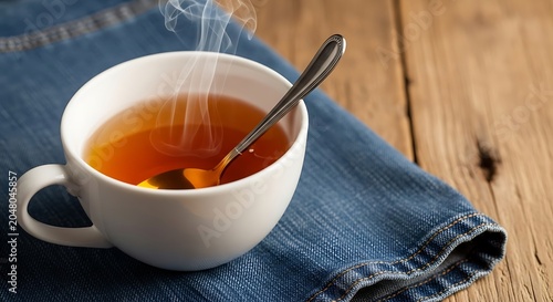 Hot tea cup on folded blue jeans fabric