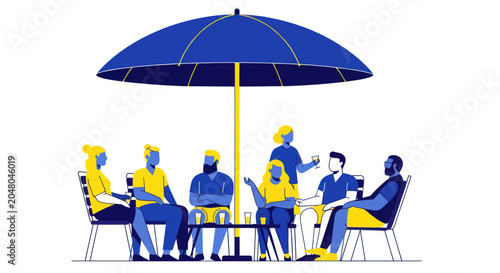 Foto People sitting under a blue umbrella.