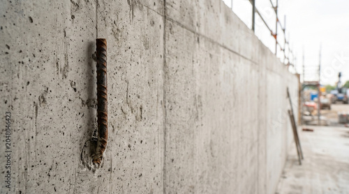 Close-up unfinished concrete wall with metal reinforcement