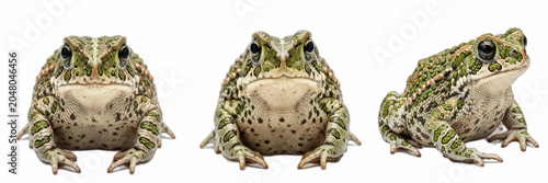 Bilde på lerret Isolated set of wild green spotted toad frog animals sitting looking forward on