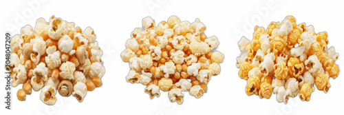 Billede på lærred Isolated set of fresh crispy salted caramel popcorn snacks on white background,