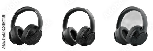 Bild auf Leinwand Isolated set of modern sleek black wireless bluetooth over-ear headphones on whi