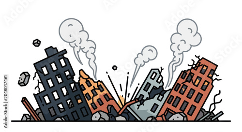 Foto Cartoon buildings in destruction chaos scene.