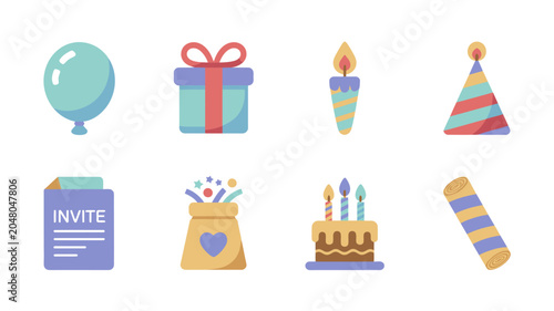Foto Colorful birthday party celebration icons set.