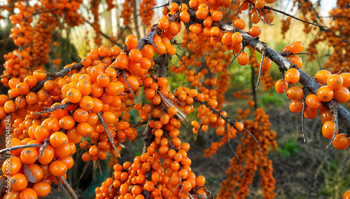 Sea Buckthorn Berries on Branch – Vibrant Orange Autumn Harvest Close-Up