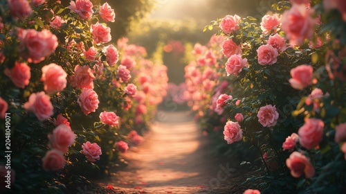 Rows of pink rose bushes line both sides of the path.