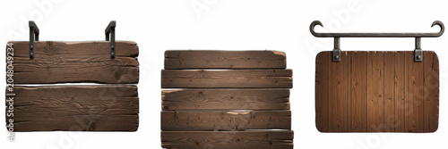 Cuadro en lienzo Isolated set of weathered horizontal dark brown wooden board plank walls on whit