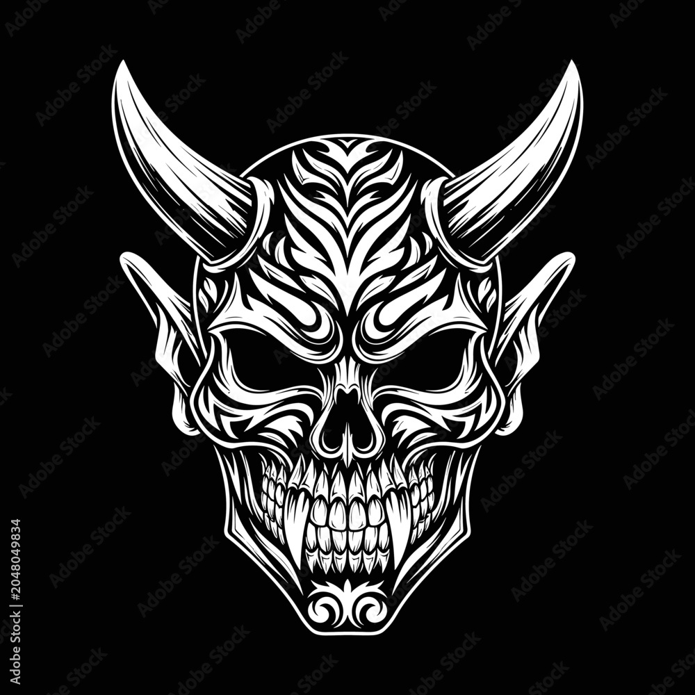 Fototapeta premium Intricate horned skull with demonic features and sharp fangs.