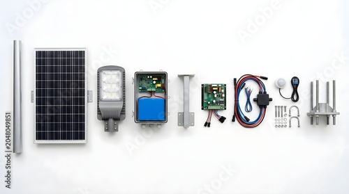 Solar Powered Street Light Components: A collection of disassembled parts for a solar-powered street light, including a solar panel, LED lamp, battery module, circuit board, and mounting hardware.