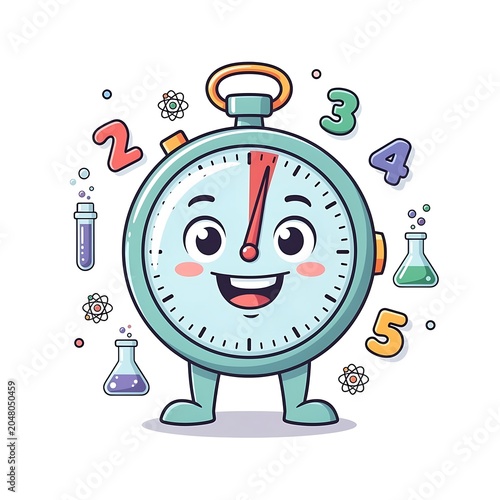 Cute flat vector clock with smiling face and accessories.